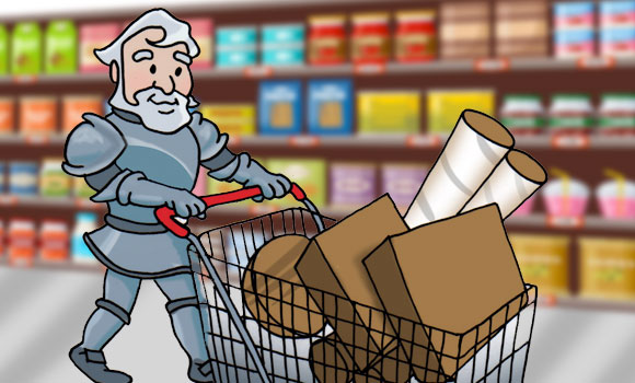 Cartoon Greggo Knight pushing a shopping cart